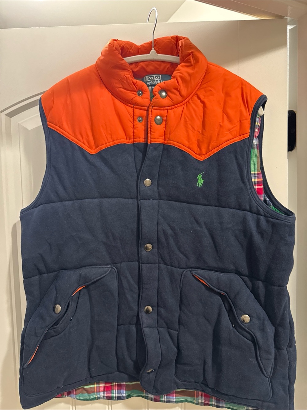 Ralph Lauren Orange and Navy Quilted Vest with Plaid Lining